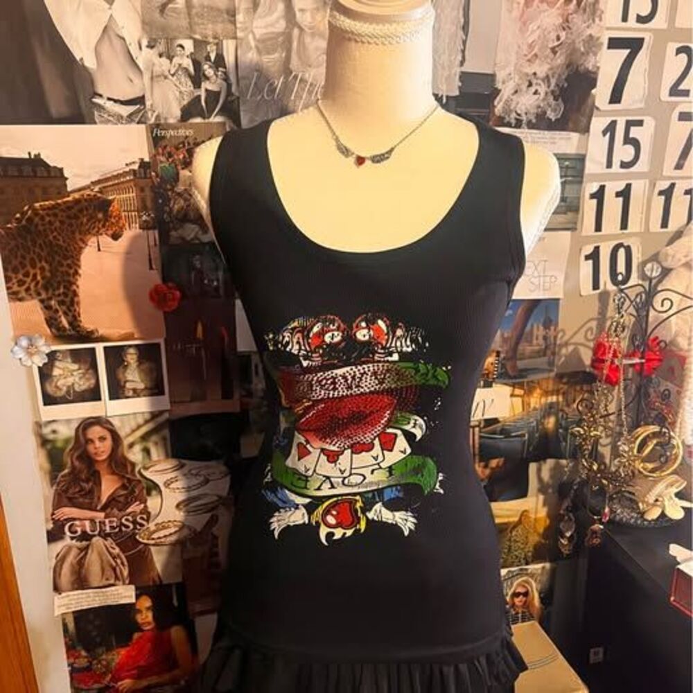Y2K Las Olas Rhinestone Wing & Playing Card Graphic Tank